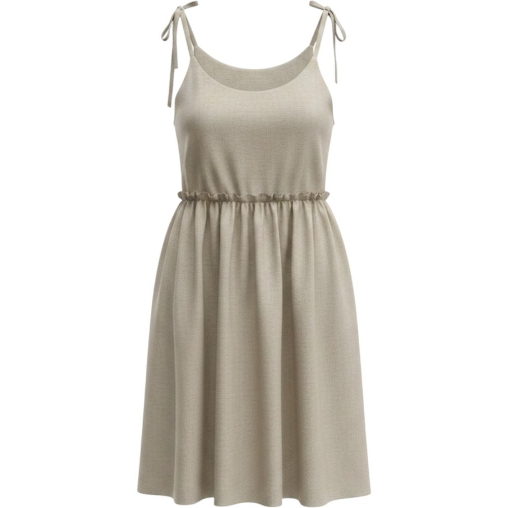 Commense Tan Cotton Linen Tie Shoulder Ruffle Empire Waist Mini Dress NWT Size M